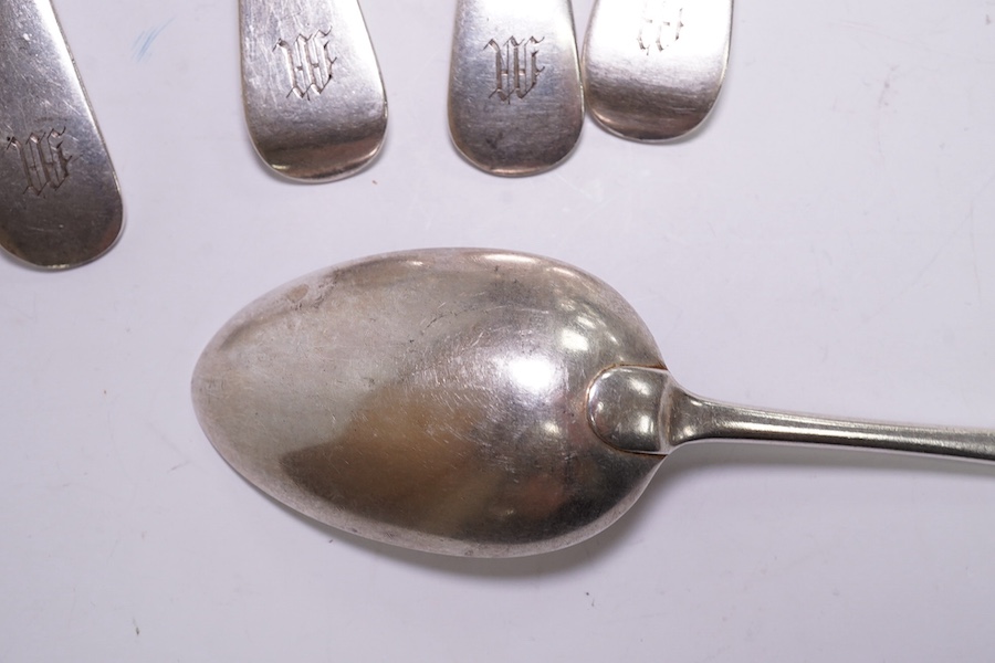 Five Victorian silver Old English pattern dessert spoons, by George Adams, London, 1880 and three other matched dessert spoons by Roberts & Dore, Sheffield, 1931, 11.6oz. Condition - fair